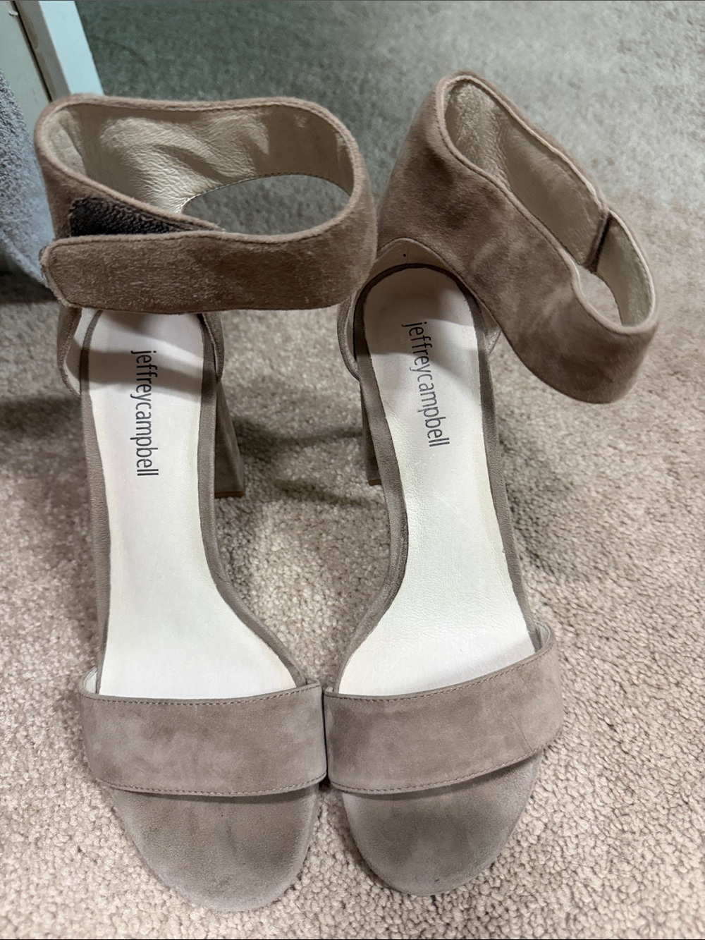 Jeffrey Campbell Taupe Suede Block Heel Sandals with Ankle Strap